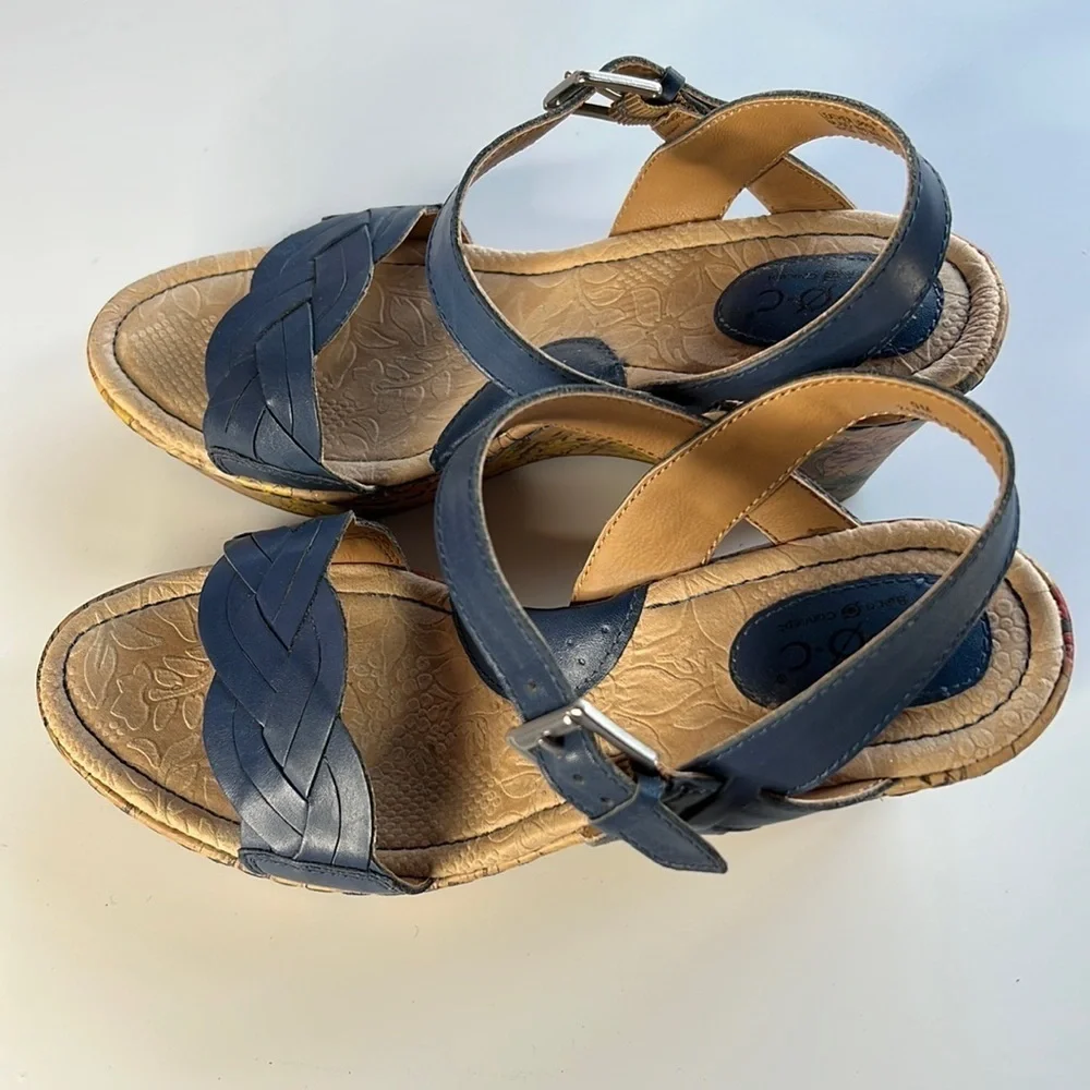 Born BOC Blue Leather Braided Strap Cork Floral Wedge Sandals Size 9
